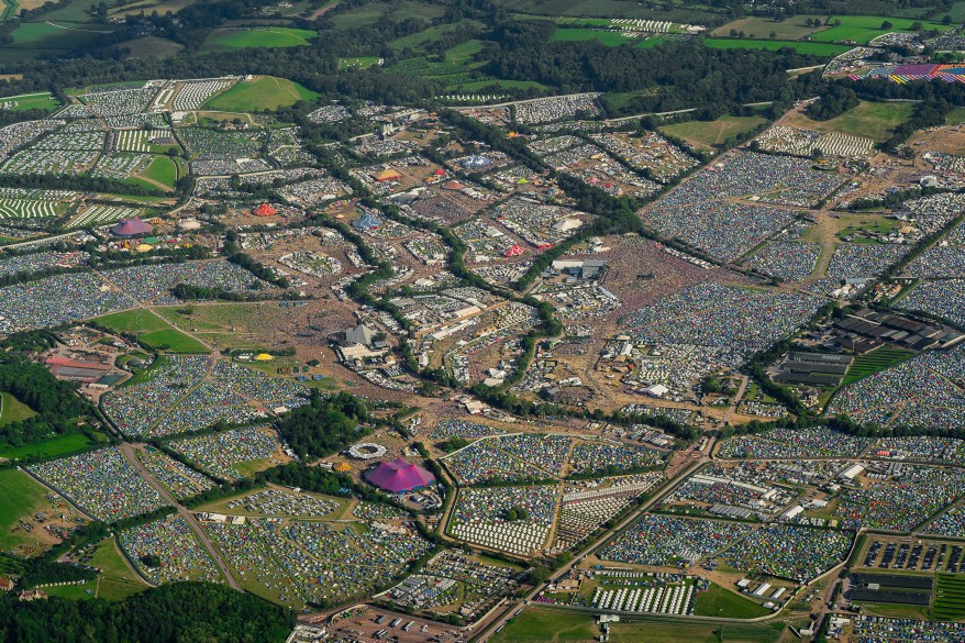 An aerial view of the Glastonbury Festival at the start of the weekend, near Pilton, Somerset, England on June 28, 2024.