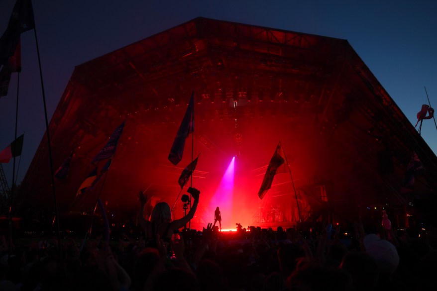 Dua Lipa performs on the iconic Pyramid Stage at Glastonbury Festival 2024 on June 28, 2024.