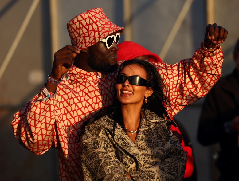 Stormzy and Maya Jama spotted at the Glastonbury festival, June 28, 2024.