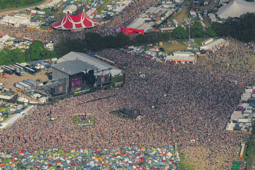 Aerial view of the Glastonbury Festival at the start of the weekend, near Pilton, Somerset, England, June 28, 2024.