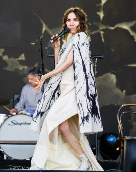 PJ Harvey performs on the Pyramid Stage during day three of Glastonbury Festival 2024 at Worthy Farm, Pilton on June 28, 2024 in Glastonbury, England.