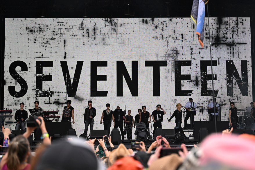 Seventeen perform on the Pyramid Stage during the Glastonbury Festival at Worthy Farm, in Pilton near Glastonbury, Somerset, Britain, June 28, 2024.