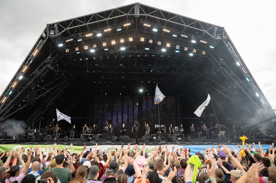 Members of the K-Pop group Seventeen perform on the Pyramid stage.