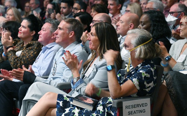 Marin County Public Health Officer Matt Willis, third from right in the front row, attends a lecture by Dr. Anthony Fauci at Dominican University of California in San Rafael, Calif., on Tuesday, June 25, 2024. (Sherry LaVars/Marin Independent Journal)