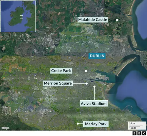 map of Dublin showing Croke Park, Merrion Square, Malahide Castle, Aviva Stadium and Merrion Square