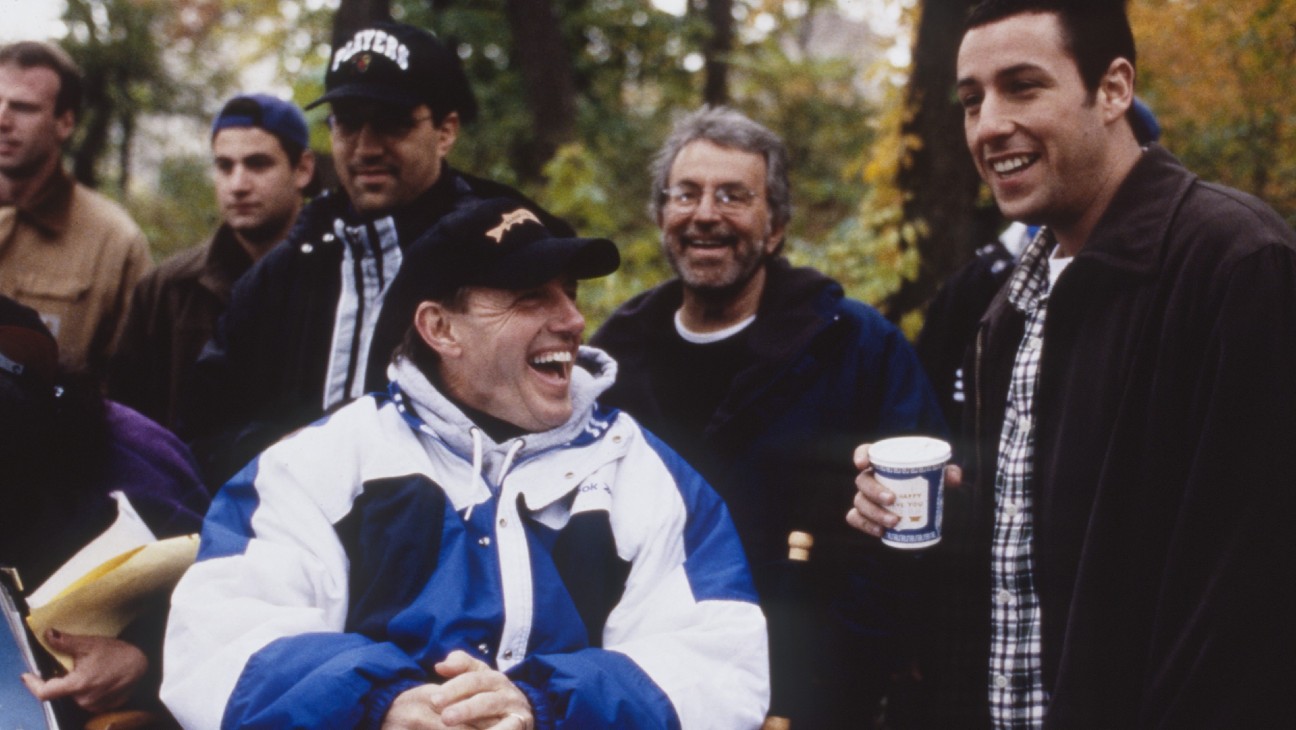 Dennis Dugan, Sid Ganis and Adam Sandler on the set of “Big Daddy”