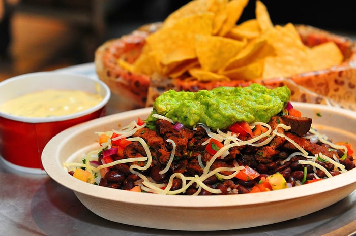 A Chipotle burrito bowl, topped with chips and dip. 