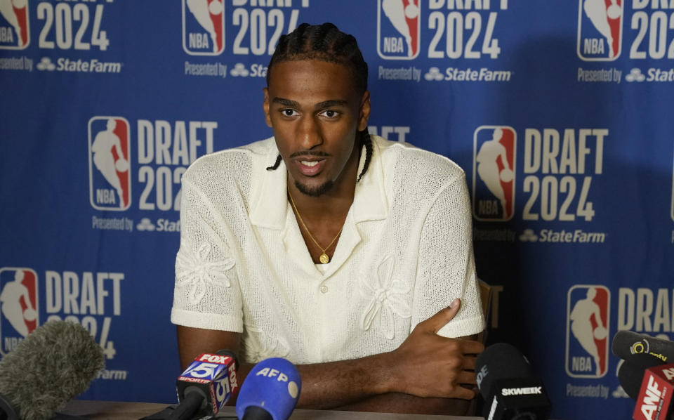 Alexandre Sarr, French professional basketball player who last played with the Perth Wildcats of the Australian National Basketball League, meets the press during a press preview of the 78th annual NBA draft at the Lotte New York Palace in New York, on June 25.  , 2024. The draft will take place on June 26 and 27, 2024. (Photo by TIMOTHY A. CLARY / AFP) (Photo by TIMOTHY A. CLARY/AFP via Getty Images)