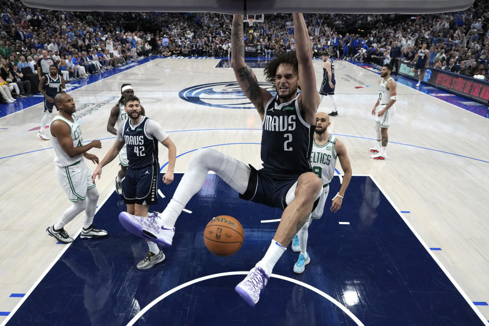 DALLAS, TEXAS – JUNE 14: Derek Lively II #2 of the Dallas Mavericks dunks the ball during Game 4 of the 2024 NBA Finals against the Boston Celtics at the American Airlines Center on June 14, 2024 in Dallas, Texas.  NOTE TO USER: User expressly acknowledges and agrees that by downloading and/or using this photograph, User consents to the terms and conditions of the Getty Images License Agreement.  (Photo by Stacy Revere/Getty Images)