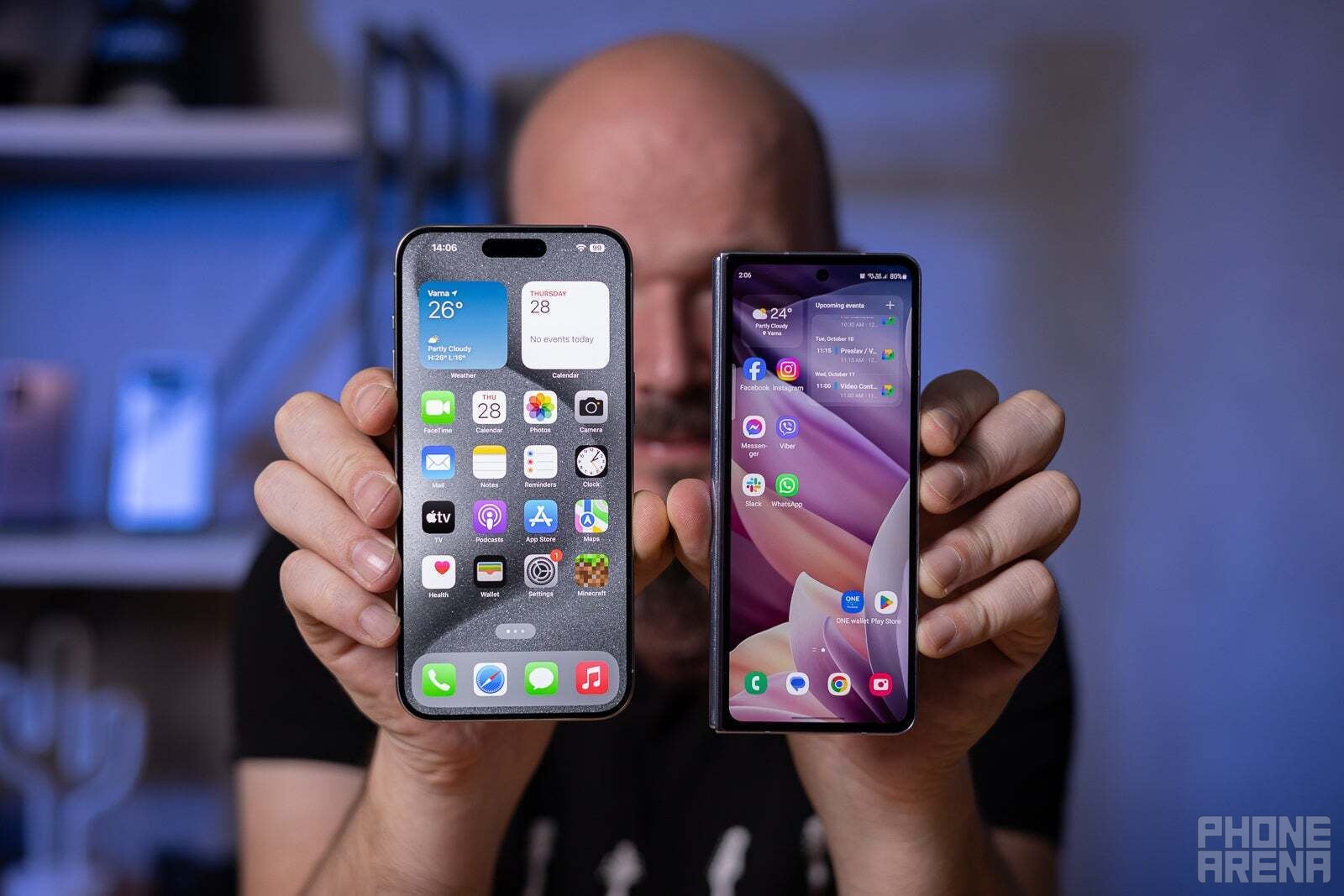 iPhone 15 Pro Max (left) and Galaxy Z Fold 5 (right) |  Image credit – PhoneArena – 3 things Samsung is still insisting on in 2024 (including the Galaxy Z Fold 6)