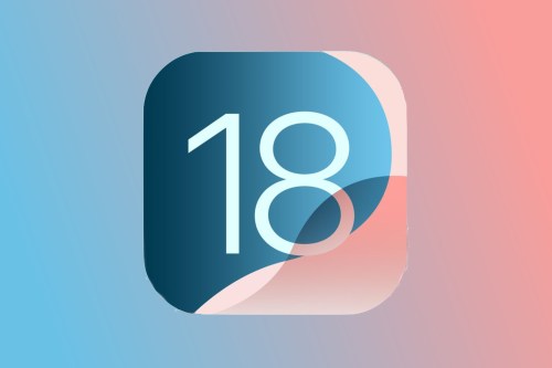 The iOS 18 logo on a blue and pink background.