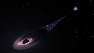 Illustration of a black hole moving away from its galaxy, followed by a trail of stars.