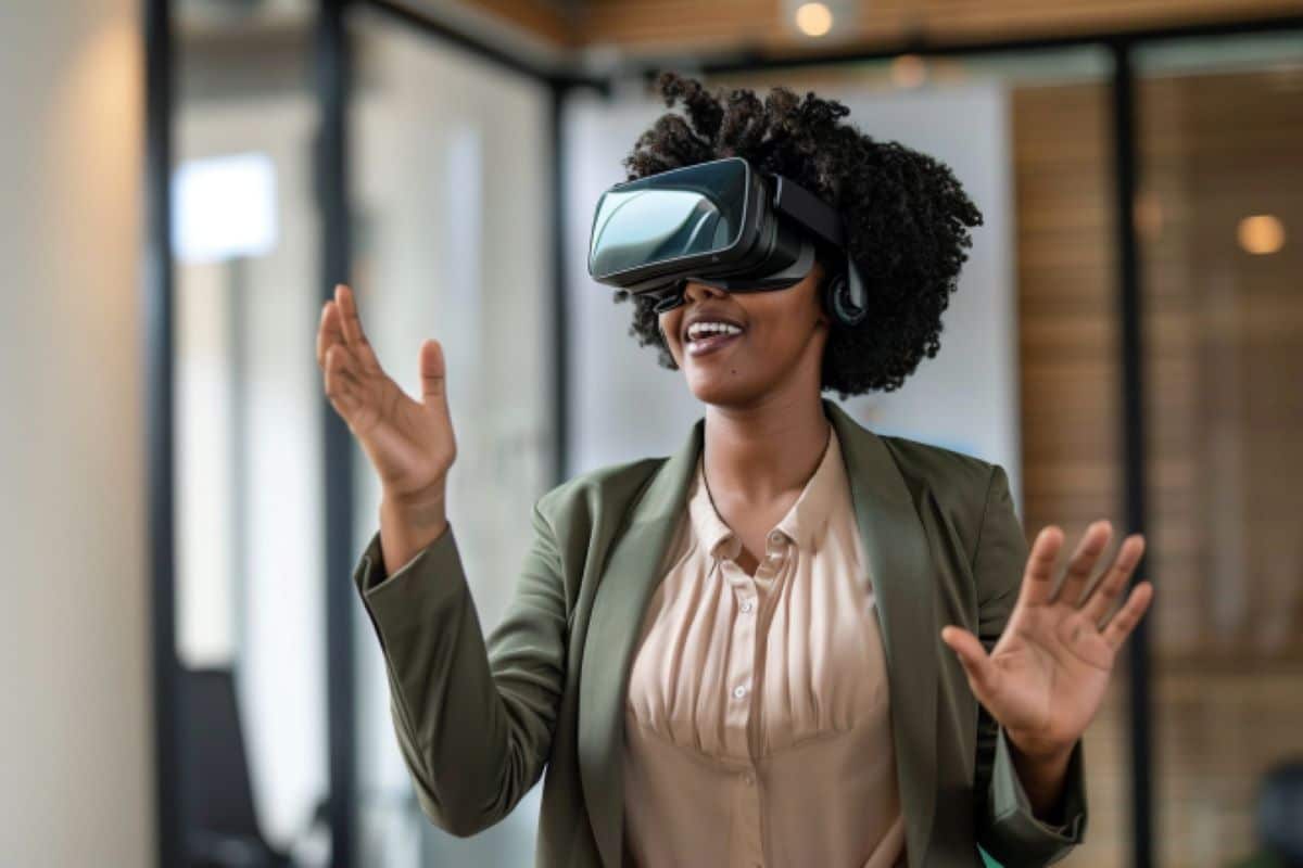 It shows a woman in a VR headset.