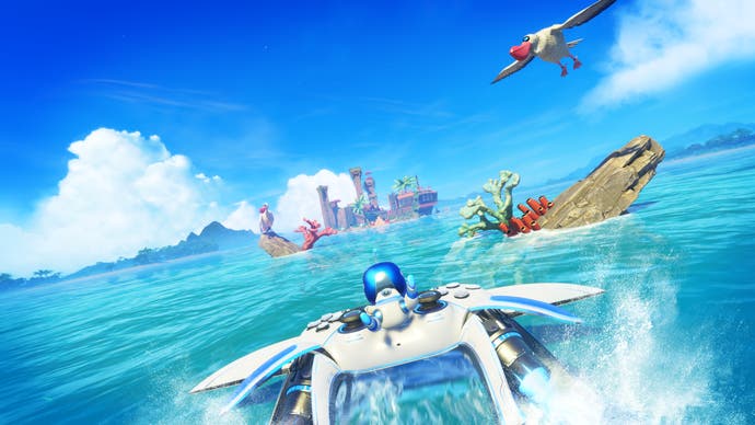 Official Astro Bot screenshot showing Astro riding a DualSense controller flying over the waves of a water planet