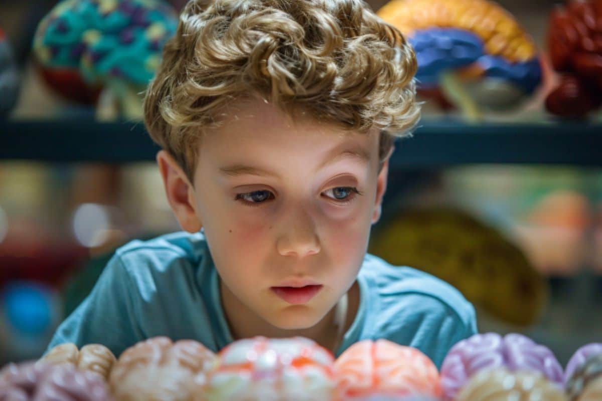 This shows a child looking at models of the brain.