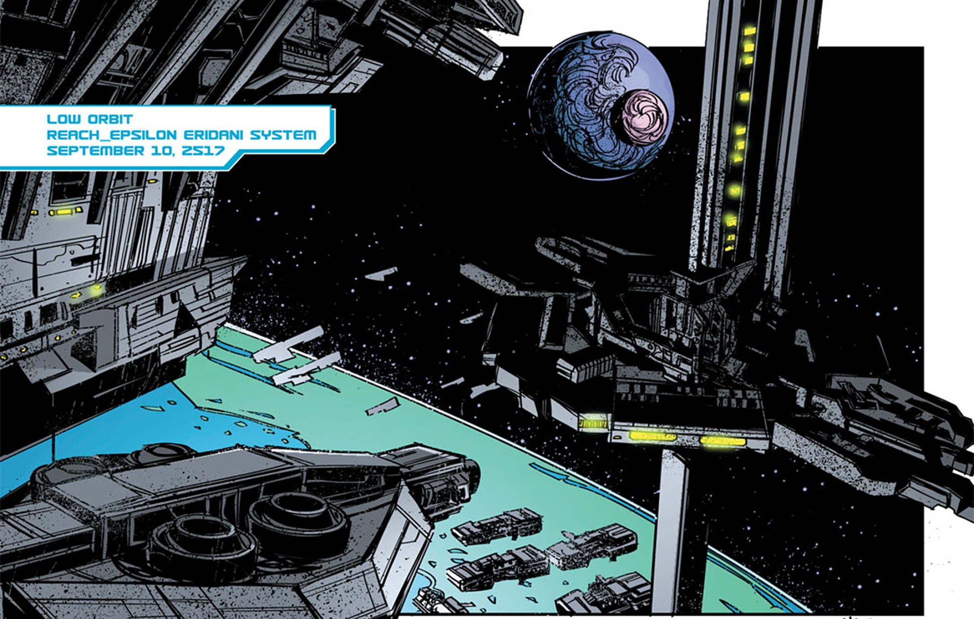 Halo: Fall of Reach comic panel showing the shield-generating ship at bottom left