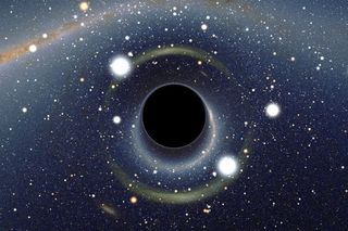 A black circle in the center of the screen stands out against the dark background of space, dotted with a few illustrated stars.