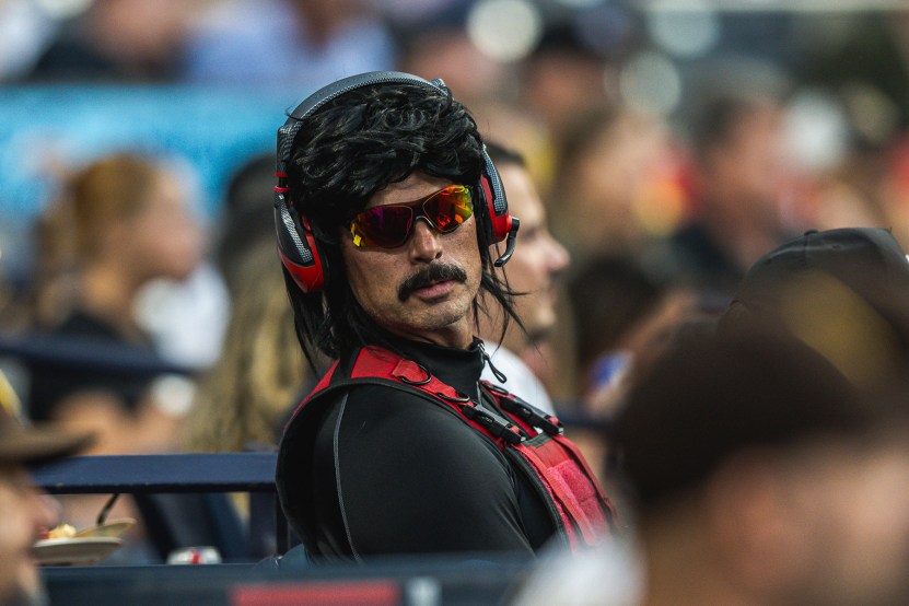 SAN DIEGO, CA - JULY 25: Video game streamer Dr DisRespect sits in the stands during the game between the San Diego Padres and the Pittsburgh Pirates on July 25, 2023 at Petco Park in San Diego, California. (Photo by Matt Thomas/San Diego Padres/Getty Images)