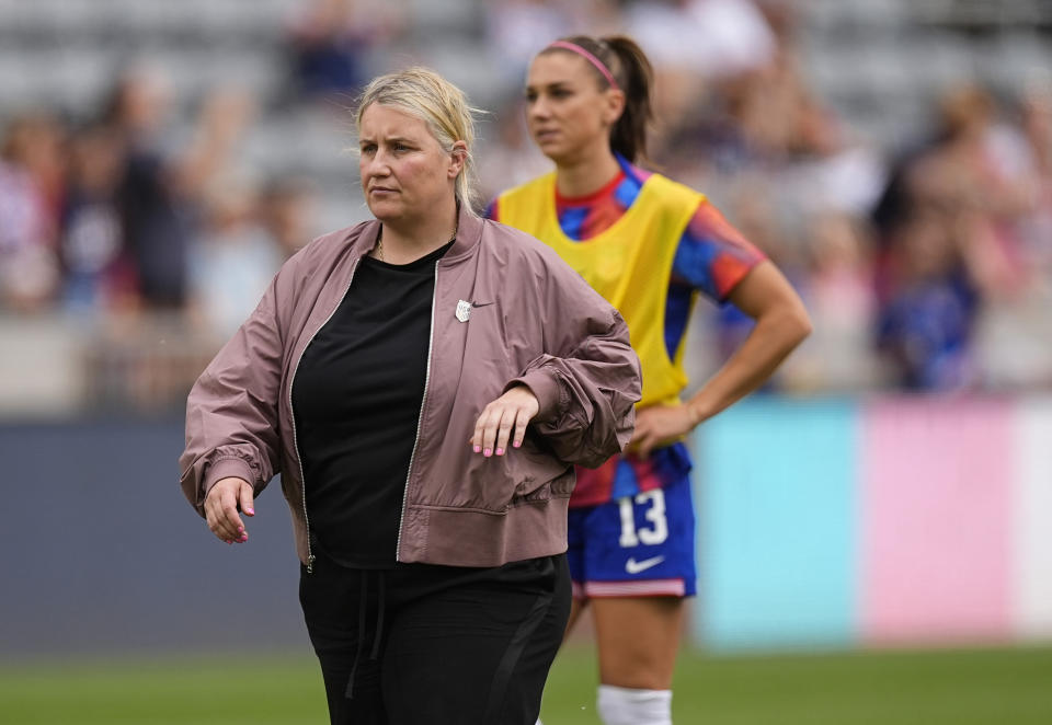 USWNT head coach Emma Hayes, left, will have some tough decisions to make with the 2024 Olympic roster, including whether to include veteran forward Alex Morgan (13).  (AP Photo/David Zalubowski)