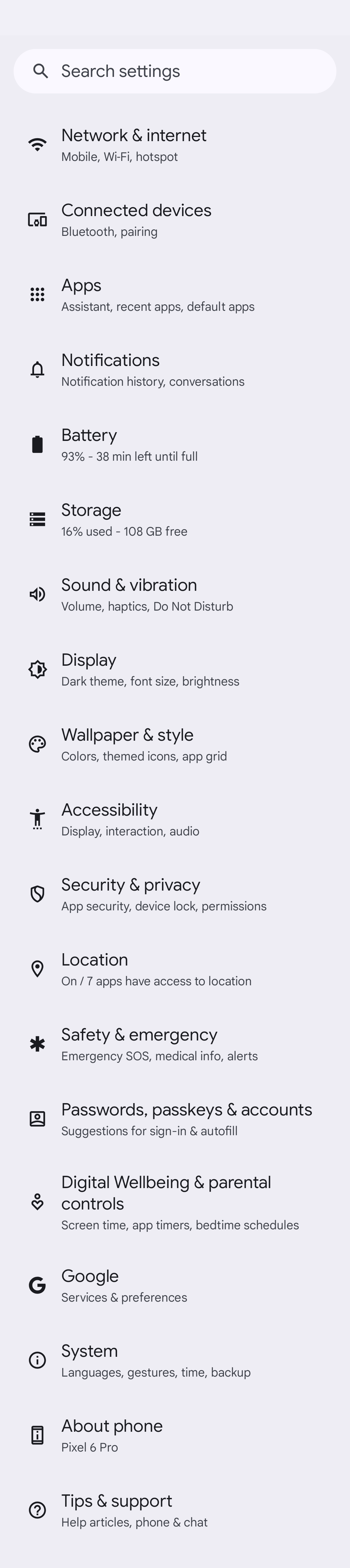 Android 14 top-level settings