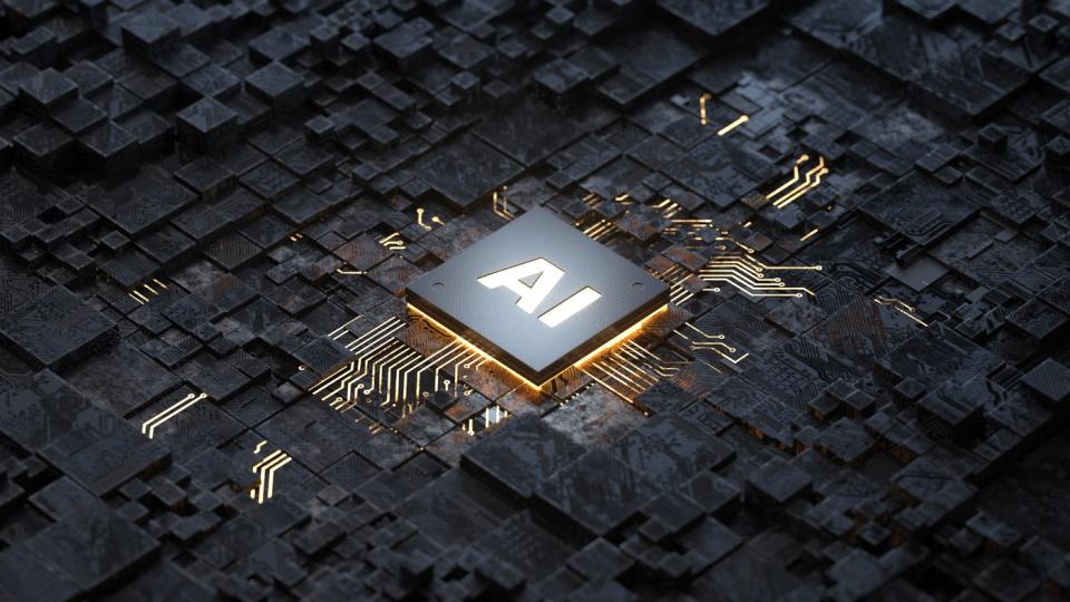 A chip labeled AI on a circuit board.