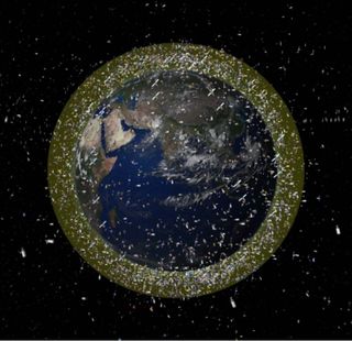 an illustration of the earth surrounded by debris