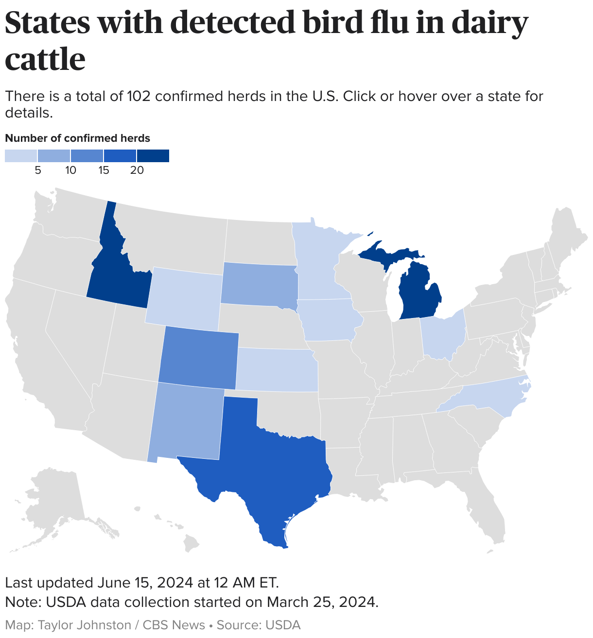 Map of the United States showing which states have detected avian flu in dairy cattle.