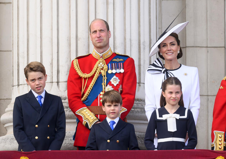 Prince George of Wales, Prince William, Prince of Wales, Prince Louis of Wales, Princess Charlotte of Wales and Catherine, Princess of Wales on the balcony of Buckingham Palace during Trooping the Color on June 15, 2024 in London , in England.  (Karwai Tang/WireImage)