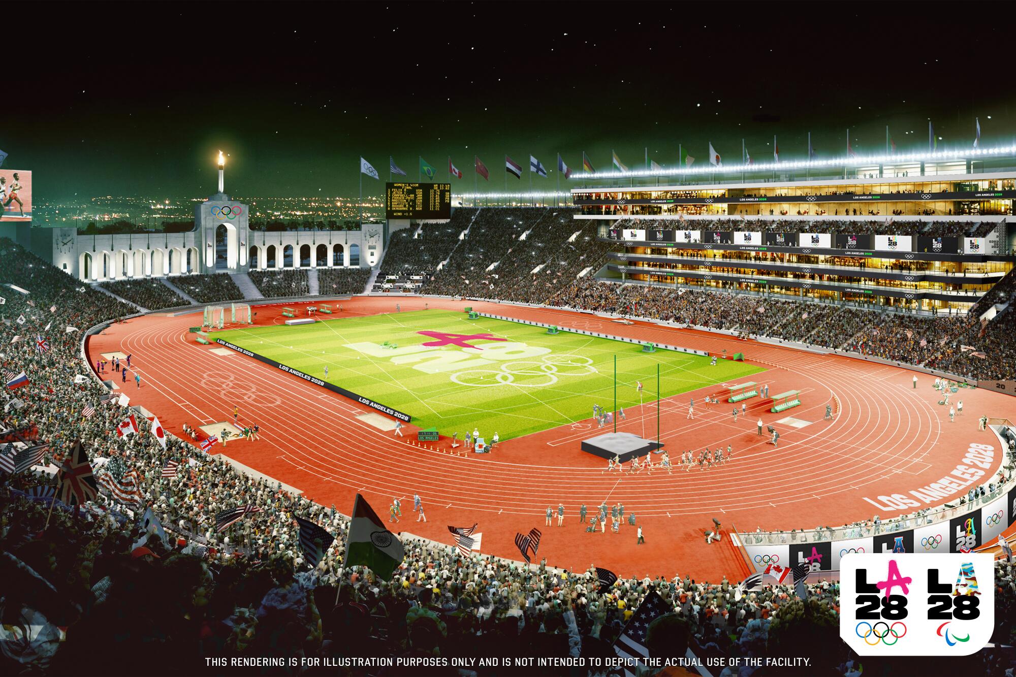 Artist's rendering depicts a crowded, lit-up Los Angeles Memorial Coliseum at night