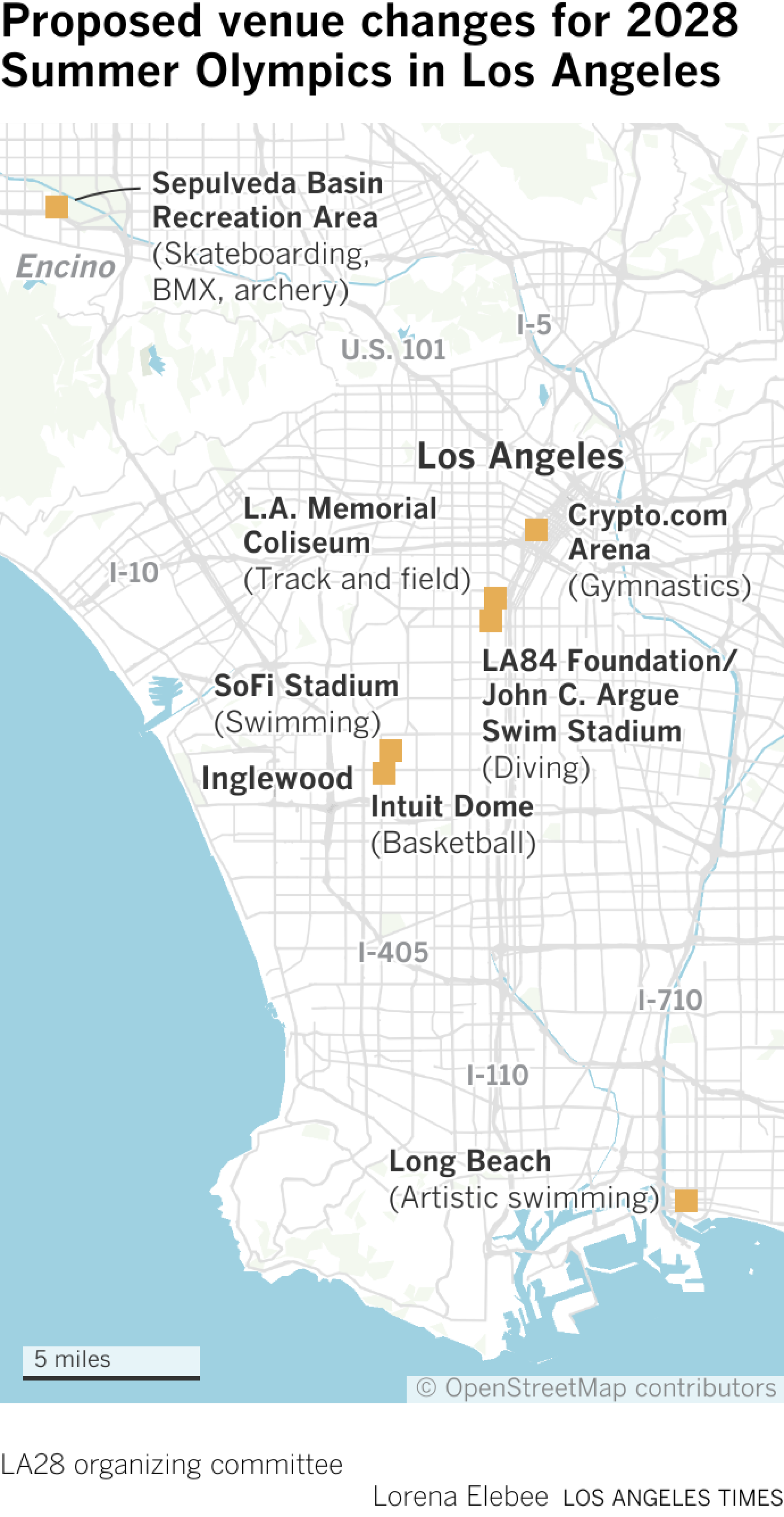 Map showing proposed venue changes for the 2028 Summer Olympics in Los Angeles