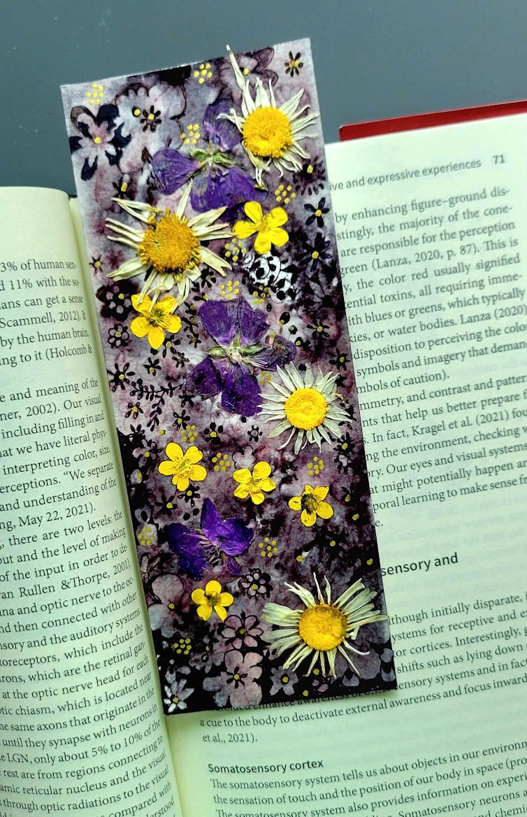 A bookmark covered in purple, white and yellow flowers sits on top of an open book.