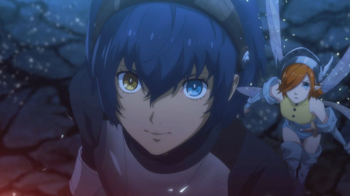 A blue-haired character with heterochromia (one blue eye and one gold eye) with a small orange-haired fairy hovering over his left shoulder