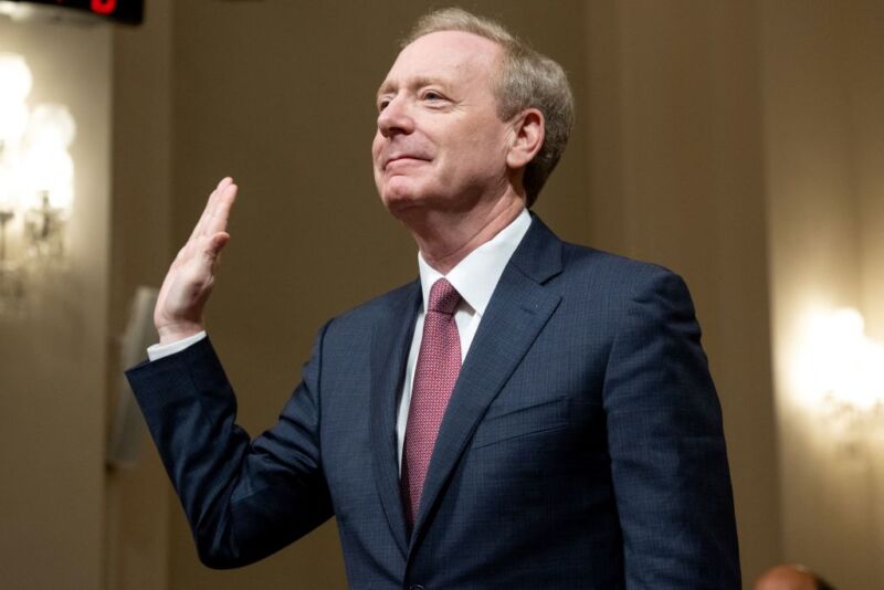 Brad Smith, vice president and president of Microsoft, takes the oath of office before testifying about Microsoft's cybersecurity work at a House Homeland Security Committee hearing on Capitol Hill in Washington, DC, on January 13 June 2024. 