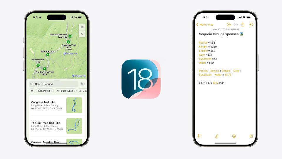 Two iPhones separated by the iOS 18 logo, displaying the Maps app and the Notes app respectively.