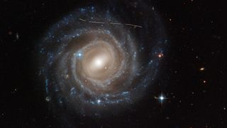 A magnificent spiral galaxy stands out perfectly against the darkness of space.  An asteroid photobomber looks like a thin line near the top of the image.