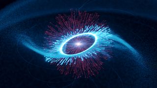 Artist's impression of the Vela pulsar, in the center, and its magnetosphere, the edge of which is marked by the luminous circle.  The blue traces moving outward represent the trajectories of the accelerated particles.  These produce gamma radiation along the arms of a rotating spiral by colliding with infrared photons emitted into the magnetosphere (in red).