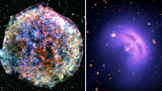 A split screen.  On the left, a multicolored and fuzzy structure.  On the right, a bright purple area against a space background.