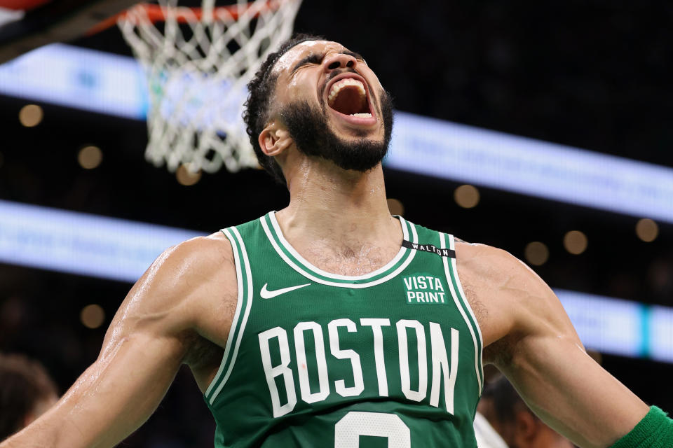 Jayson Tatum played a major role in Monday's decisive win over Dallas.  (Elsa/Getty Images)