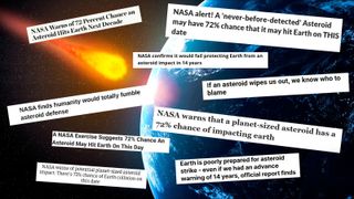 Misleading newspaper headlines plastered over a stock image of an asteroid impact.