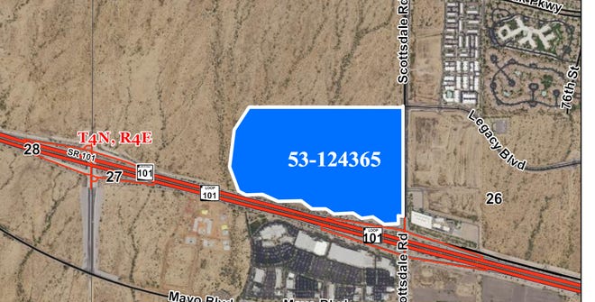 The Arizona Coyotes are considering the blue-shaded field for a mixed-use development, including a new hockey arena.  The site is at Loop 101 and Scottsdale Road.