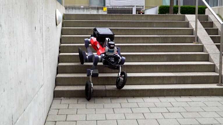 A robot with wheels and legs that navigates autonomously