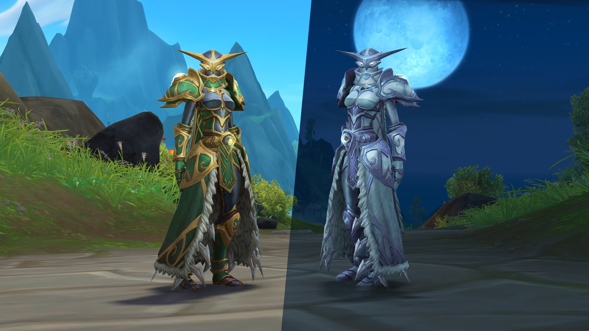 Night elf in gold and green set during the day on the left and silver and white set under the moon on the right