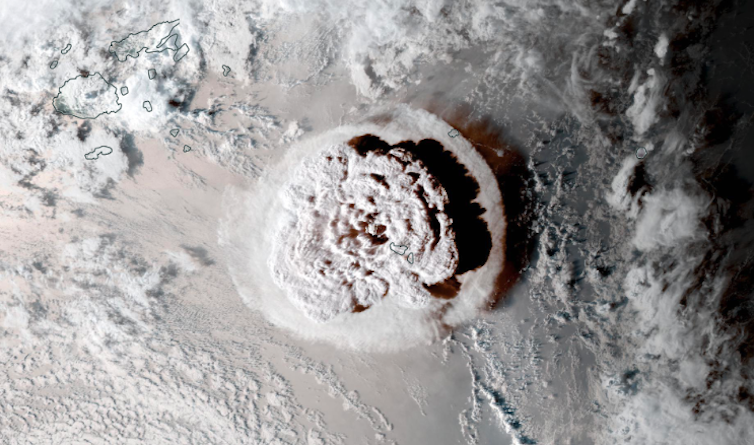 Satellite photo showing a huge cloud rising from a volcanic eruption.