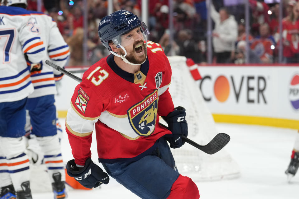 Sam Reinhart celebrates what turned out to be the Stanley Cup-winning goal in the second period.  (Peter Joneleit/Icon Sportswire via Getty Images)