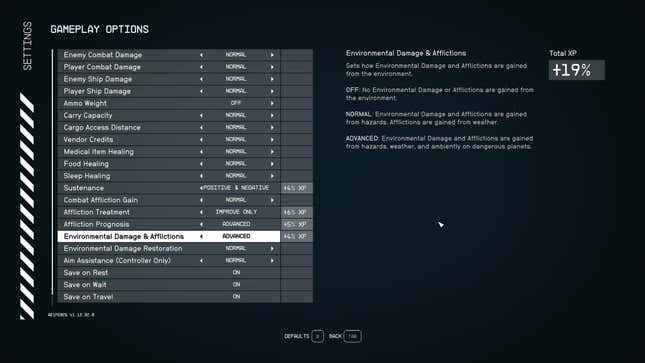 A screenshot of Starfield's menus shows a variety of difficulty options.