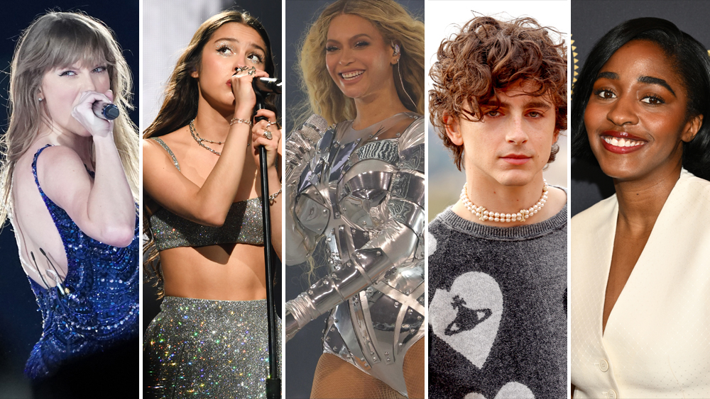 From left to right: Taylor Swift, Olivia Rodrigo, Beyoncé, Timothy Chalamet