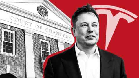 Montage of Elon Musk, a Tesla logo and the exterior of the Delaware Court of Chancery building