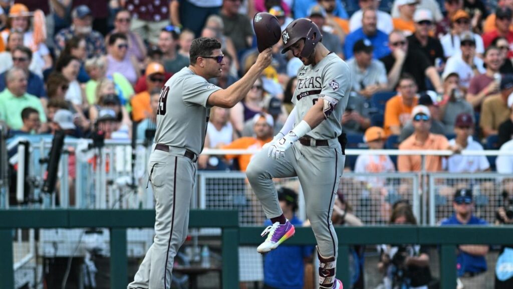 Texas A&M rolls into Omaha, 1 victory away from history