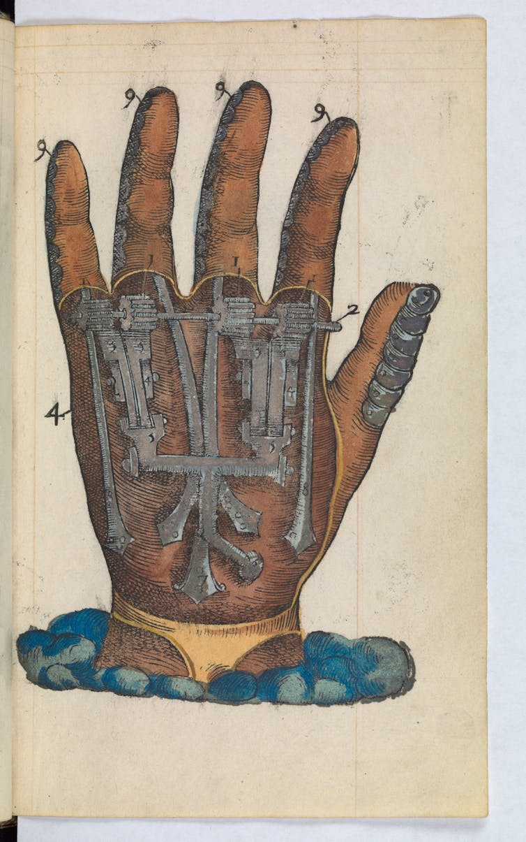 Illustration of a mechanical iron hand, cross-sectioned to reveal the gears beneath the flesh