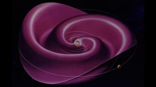 the sun is in the center and a swirling purple sheet extends far into the solar system.  It looks a bit like a dancer's skirt that waves and ruffles as he spins.